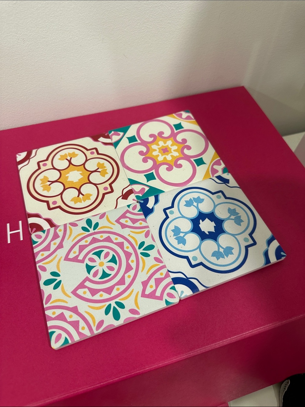 Decorative Floral Tile Coasters - Pink, Blue, Yellow, Brown -